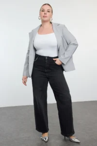 Trendyol Curve Anthracite High Waist Pockets Stone Wide Leg comfort/Middle Flexible plus size jeans - Image 2
