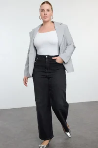 Trendyol Curve Anthracite High Waist Pockets Stone Wide Leg comfort/Middle Flexible plus size jeans - Image 3