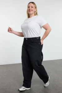 Trendyol Curve Black High Waist Beli Adjustable 100% Cotton Non-Stretch Baggy Fit Jeans - Image 2