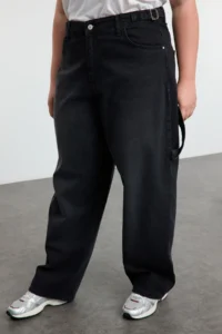 Trendyol Curve Black High Waist Beli Adjustable 100% Cotton Non-Stretch Baggy Fit Jeans - Image 3