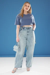 Trendyol Curve Light Blue Beli Adjustable 100% Cotton Non-Stretch Plus Size Baggy Jeans - Image 2