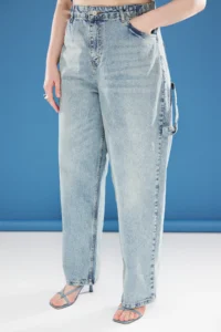Trendyol Curve Light Blue Beli Adjustable 100% Cotton Non-Stretch Plus Size Baggy Jeans - Image 3