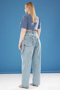 Trendyol Curve Light Blue Beli Adjustable 100% Cotton Non-Stretch Plus Size Baggy Jeans - Image 5