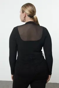 Trendyol Curve Black Fitted Tulle Detailed Long Sleeve Dog collar Flexible snaps Knitting Bodysuit - Image 6