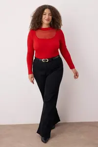 Trendyol Curve Red Fitted Tulle Detailed Long Sleeve Dog collar Flexible snaps Knitting Bodysuit