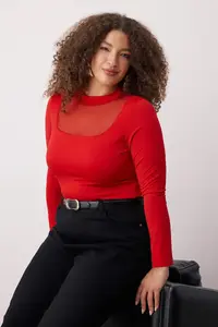 Trendyol Curve Red Fitted Tulle Detailed Long Sleeve Dog collar Flexible snaps Knitting Bodysuit - Image 2