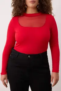 Trendyol Curve Red Fitted Tulle Detailed Long Sleeve Dog collar Flexible snaps Knitting Bodysuit - Image 3