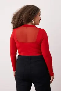 Trendyol Curve Red Fitted Tulle Detailed Long Sleeve Dog collar Flexible snaps Knitting Bodysuit - Image 4