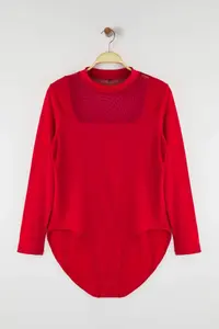 Trendyol Curve Red Fitted Tulle Detailed Long Sleeve Dog collar Flexible snaps Knitting Bodysuit - Image 5