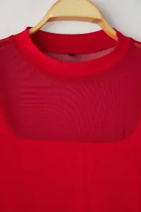 Trendyol Curve Red Fitted Tulle Detailed Long Sleeve Dog collar Flexible snaps Knitting Bodysuit - Image 6
