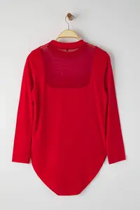 Trendyol Curve Red Fitted Tulle Detailed Long Sleeve Dog collar Flexible snaps Knitting Bodysuit - Image 7