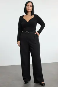 Trendyol Curve Black  Double breasted Yaka bodycone Plus Size snaps Bodysuit - Image 2