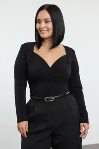 Trendyol Curve Black  Double breasted Yaka bodycone Plus Size snaps Bodysuit - Image 3