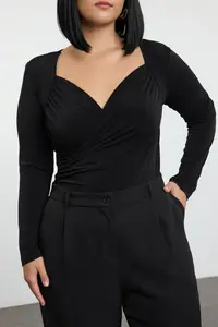 Trendyol Curve Black  Double breasted Yaka bodycone Plus Size snaps Bodysuit - Image 5