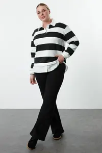 Trendyol Curve Black-White Striped Knitting Plus Size Sweatshirt - Image 5