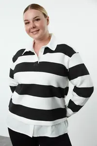 Trendyol Curve Black-White Striped Knitting Plus Size Sweatshirt - Image 6