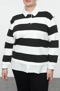 Trendyol Curve Black-White Striped Knitting Plus Size Sweatshirt - Image 7