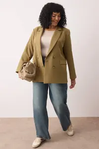 Trendyol Curve Khaki Oversized/Bol Kesim Lined buttoned Weaving Plus Size Blazer Jacket