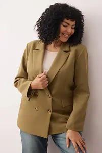 Trendyol Curve Khaki Oversized/Bol Kesim Lined buttoned Weaving Plus Size Blazer Jacket - Image 3