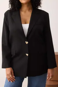 Trendyol Curve Black Oversized/Bol Kesim buttoned Weaving Plus Size Blazer Jacket - Image 3