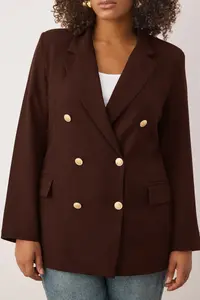 Trendyol Curve Brown Lined Double breasted Kapama Weaving Blazer Jacket - Image 2