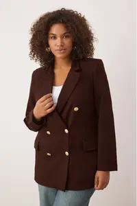 Trendyol Curve Brown Lined Double breasted Kapama Weaving Blazer Jacket - Image 3