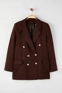 Trendyol Curve Brown Lined Double breasted Kapama Weaving Blazer Jacket - Image 5