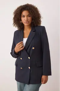 Trendyol Curve Navy Blue Lined Double breasted Kapama Weaving Blazer Jacket - Image 2