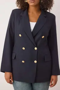 Trendyol Curve Navy Blue Lined Double breasted Kapama Weaving Blazer Jacket - Image 3