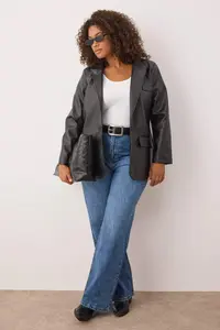 Trendyol Curve Black  Plus Size Weaving Faux Leather Blazer Jacket