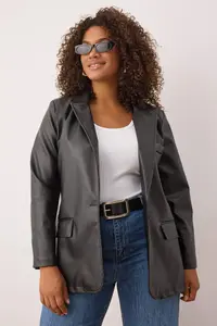 Trendyol Curve Black  Plus Size Weaving Faux Leather Blazer Jacket - Image 2