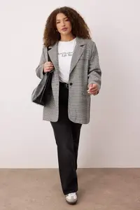 Trendyol Curve Multicolored Plaid/Checkered Single Button Closure Regular Weaving Plus Size Jacket