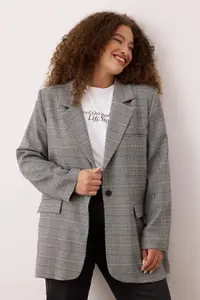 Trendyol Curve Multicolored Plaid/Checkered Single Button Closure Regular Weaving Plus Size Jacket - Image 2