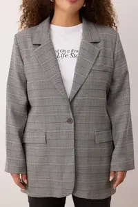 Trendyol Curve Multicolored Plaid/Checkered Single Button Closure Regular Weaving Plus Size Jacket - Image 3