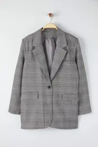 Trendyol Curve Multicolored Plaid/Checkered Single Button Closure Regular Weaving Plus Size Jacket - Image 5