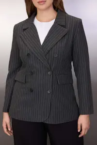 Trendyol Curve Anthracite Striped padded Bele Oturan Plus Size Weaving Jacket - Image 3