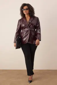 Trendyol Curve Burgundy Arched Double breasted Closed Faux Leather Blazer Jacket