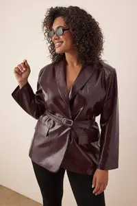 Trendyol Curve Burgundy Arched Double breasted Closed Faux Leather Blazer Jacket - Image 2