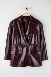 Trendyol Curve Burgundy Arched Double breasted Closed Faux Leather Blazer Jacket - Image 5