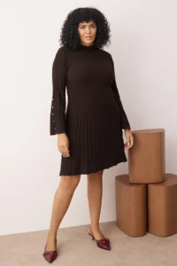 Trendyol Curve Brown Ribbed Accessory Detailed Knit Dress