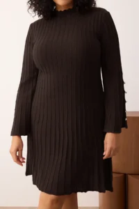 Trendyol Curve Brown Ribbed Accessory Detailed Knit Dress - Image 3