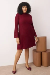 Trendyol Curve Burgundy Ribbed Accessory Detailed Knit Dress