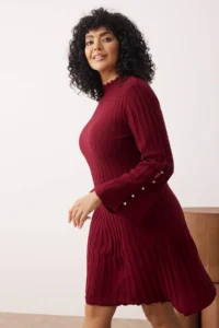 Trendyol Curve Burgundy Ribbed Accessory Detailed Knit Dress - Image 2