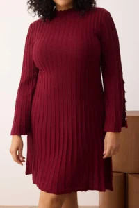 Trendyol Curve Burgundy Ribbed Accessory Detailed Knit Dress - Image 3