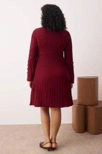 Trendyol Curve Burgundy Ribbed Accessory Detailed Knit Dress - Image 4
