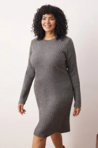 Trendyol Curve Anthracite Ribbed Mini Knit Dress - Image 2