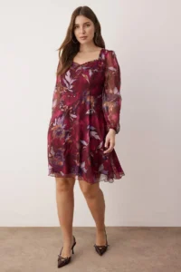 Trendyol Curve Burgundy-Multicolored Siphon Mini Weaving Plus Size Dress