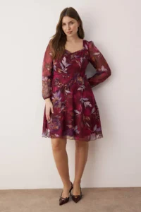 Trendyol Curve Burgundy-Multicolored Siphon Mini Weaving Plus Size Dress - Image 2