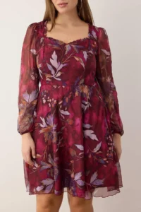 Trendyol Curve Burgundy-Multicolored Siphon Mini Weaving Plus Size Dress - Image 3