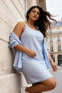 Trendyol Curve Mavi Striped Mini Weaving Plus Size 2 Sets Shirt & Dress